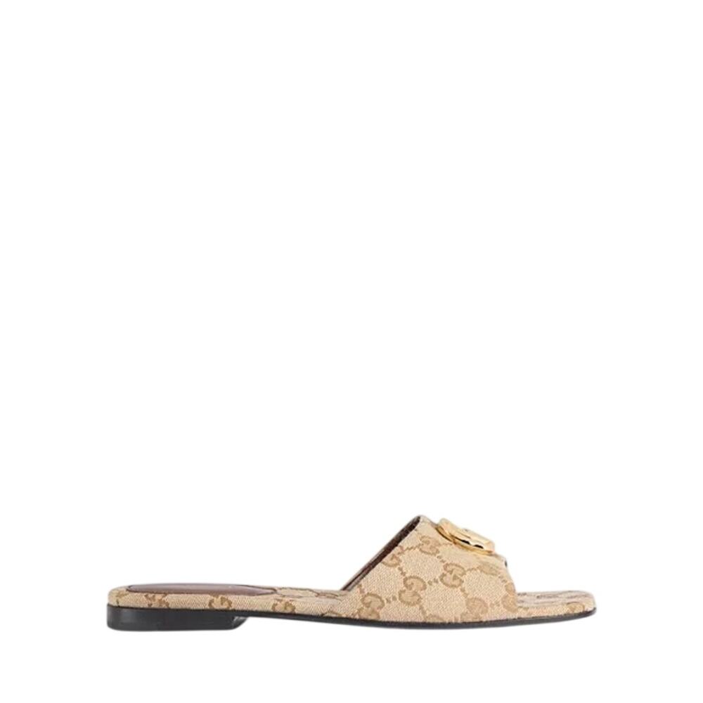 Gucci NIB Women’s Slide Sandal with Double G in Sand/Dark Brown Canvas Size 39.5